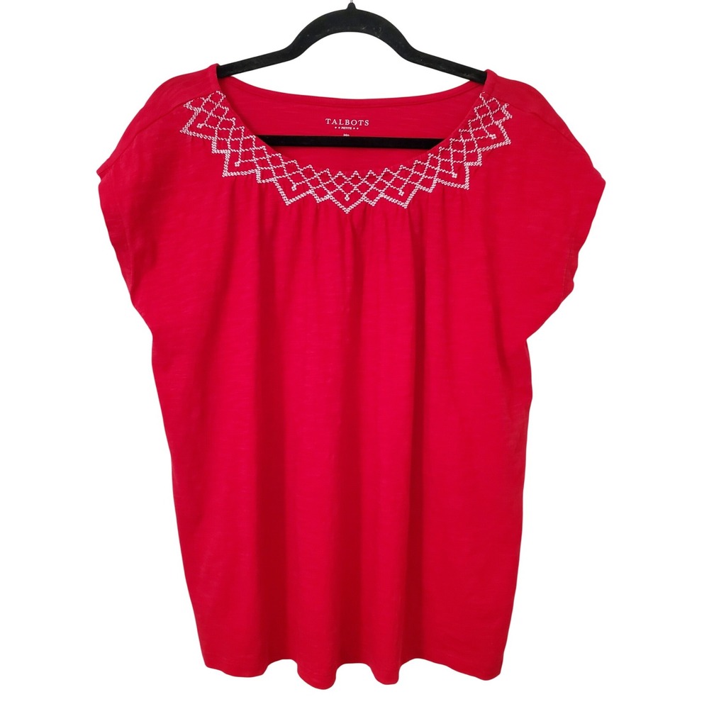 Talbots Petite M Red Embroidered Neckline Cap Sleeve 100% Cotton Top TShirt